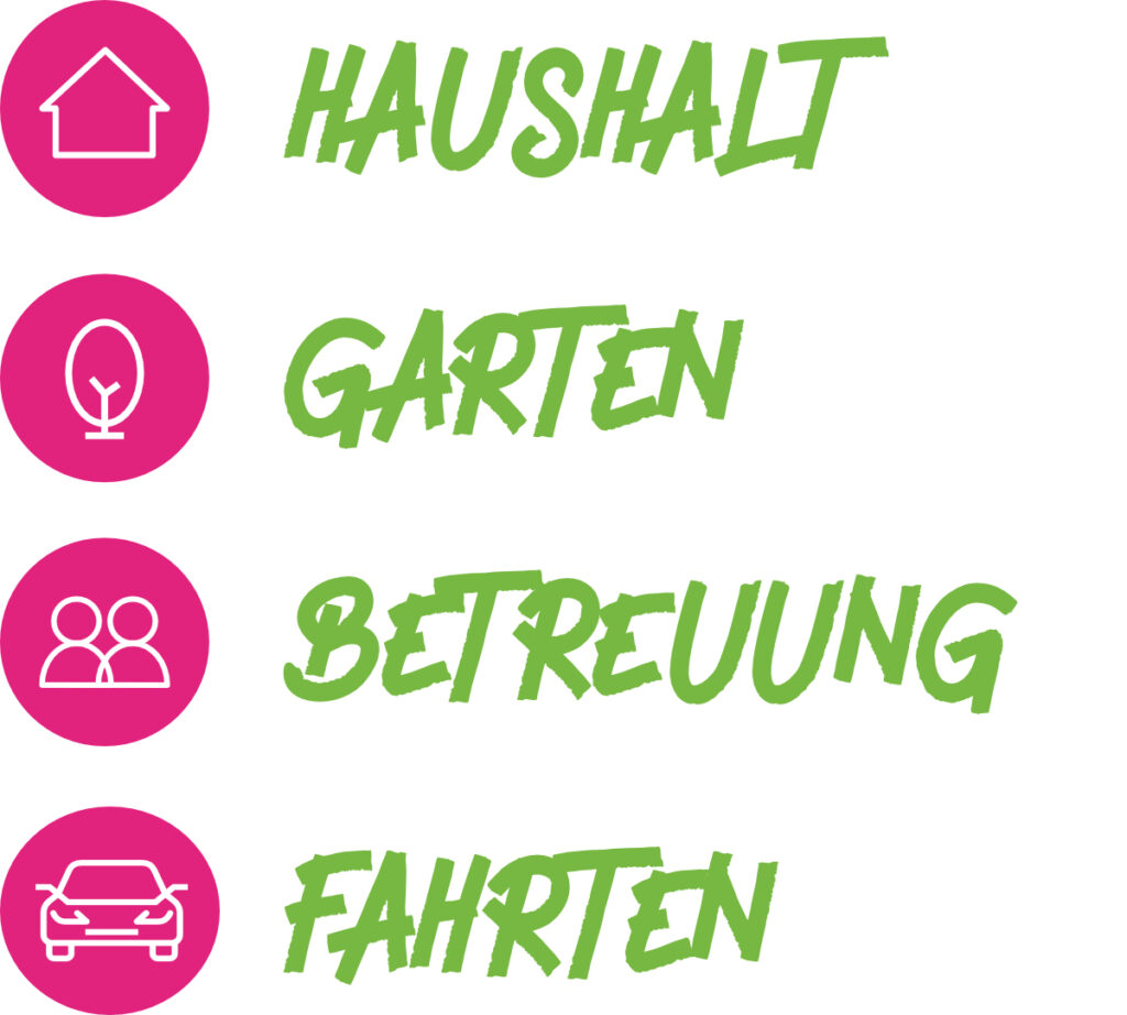 Wir suchen Hilfe in folgenden Bereichen: Haushalt, Garten, Betreuung und Fahrten.